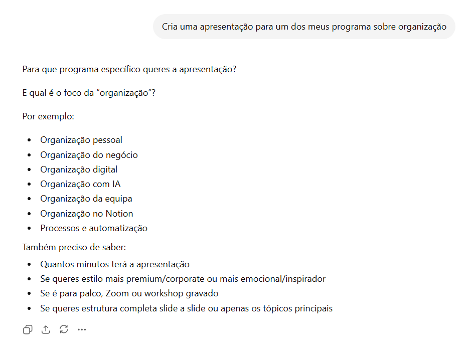 Exemplo de resposta de IA genérica para criação de apresentação
